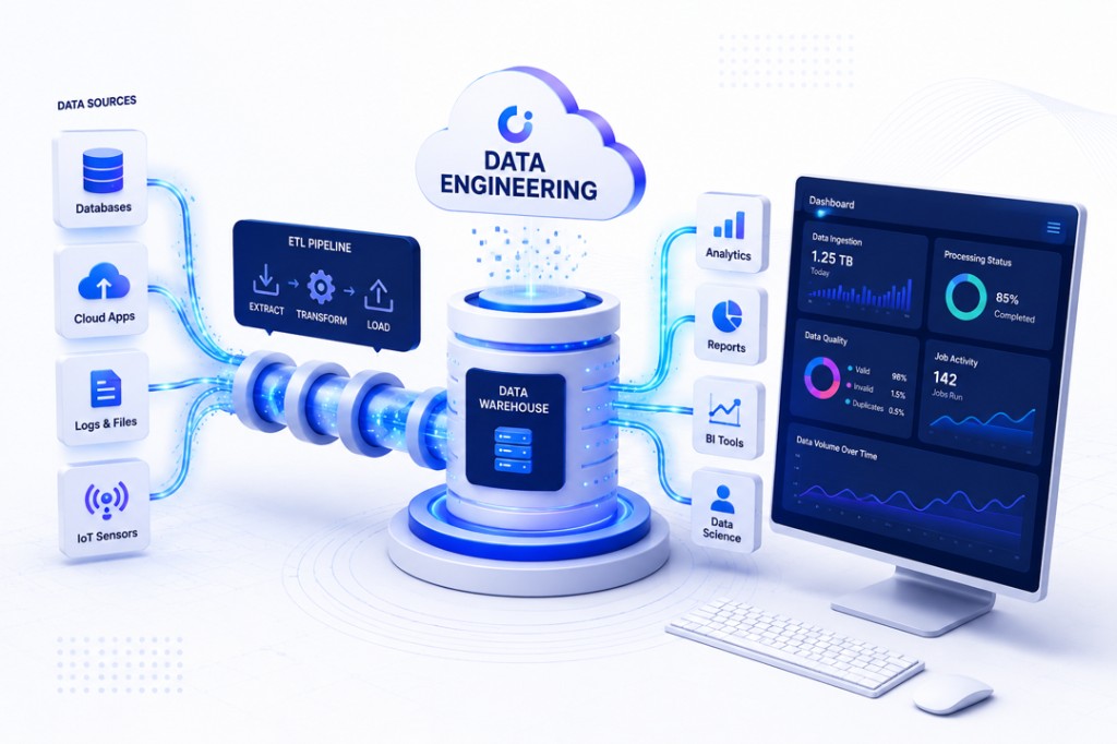 Data Engineering pipeline and cloud infrastructure illustration